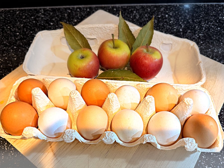 Free-range eggs in a carton, with apples